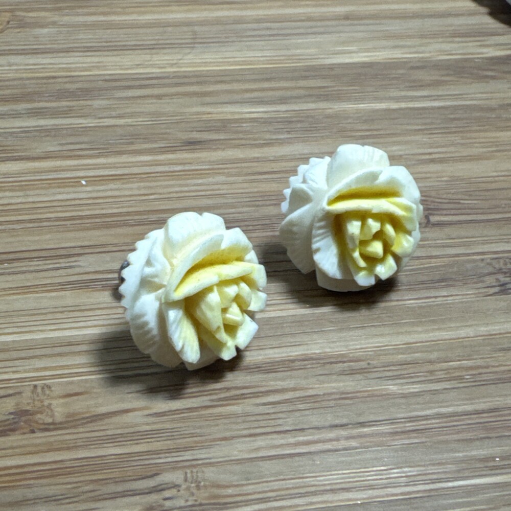 Vintage Carved Rose Earrings Silver Screw Back Hand Painted Floral
